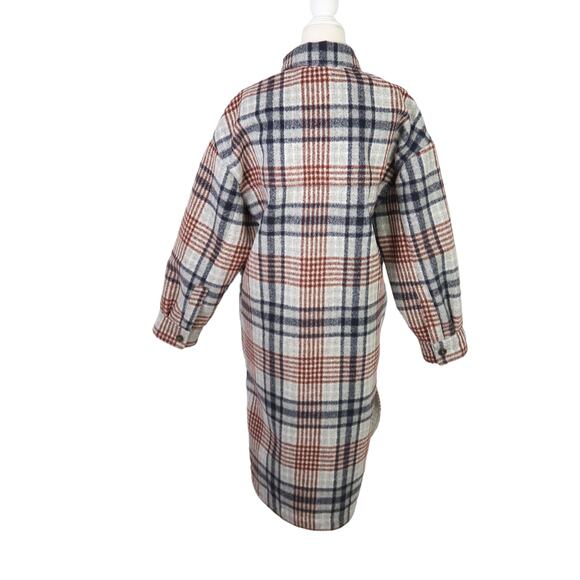 ZARA grey and navy blue plaid faux wool knit mid length coat S - Picture 4 of 6